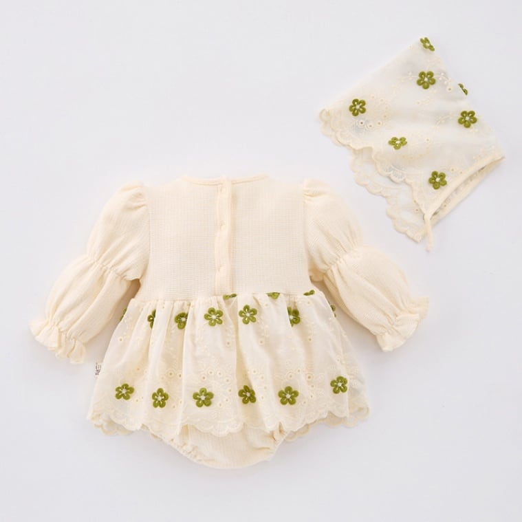 【BABY】グリーン花刺繡プリンセス風ロンパースSK051303
