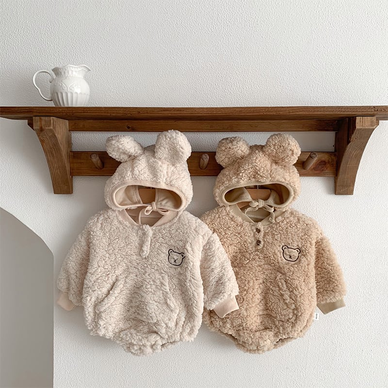 【BABY】冬新作クマ柄帽子付き起毛ロンパース 全2色SK11389