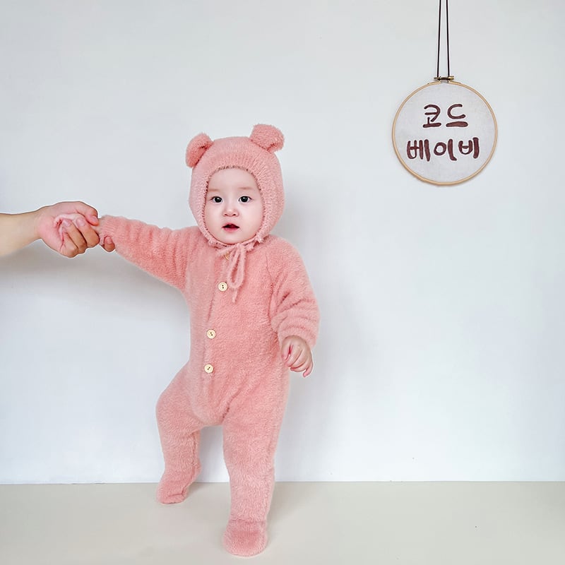 【BABY&KID】冬新作キュートピュアカラーミンクカシミアロンパース クマミミ帽子付きSK11377