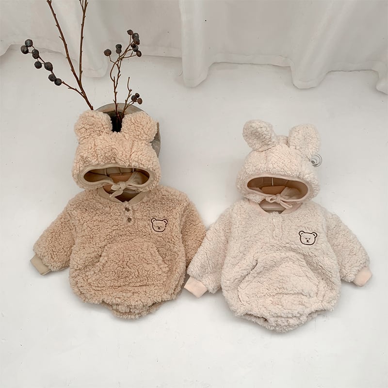 【BABY】冬新作クマ柄帽子付き起毛ロンパース 全2色SK11389