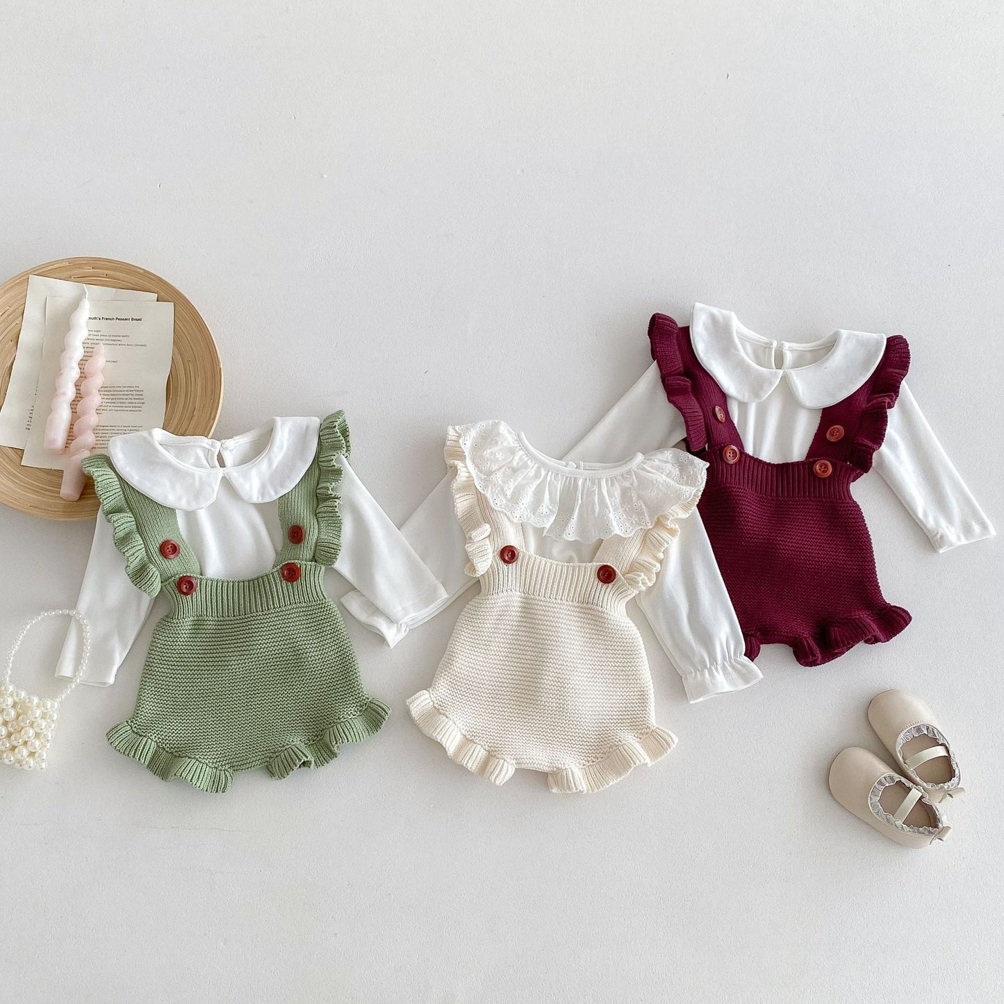 【BABY】フリルカラー無地サロペットロンパースSK031506