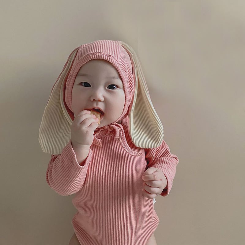 【BABY】ウサギ耳帽子付け純色綿製ロンパースセット2色SK11362
