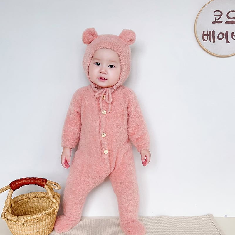 【BABY&KID】冬新作キュートピュアカラーミンクカシミアロンパース クマミミ帽子付きSK11377