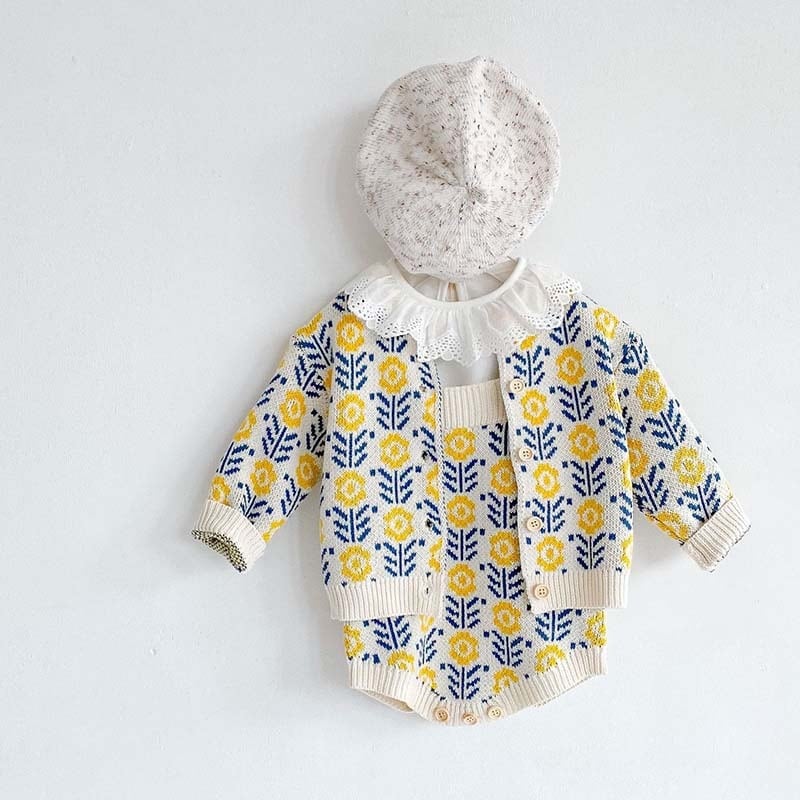 【BABY&KID】ひまわり柄ニットカーディガンORロンパースSK11324