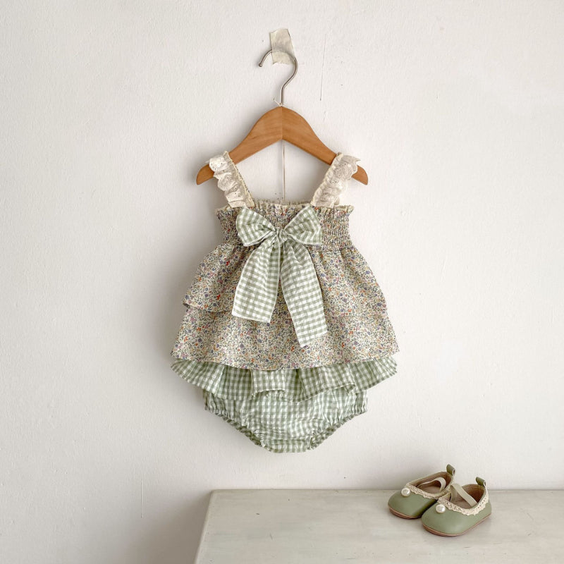 【BABY&KID】夏新作 グリーン蝶結び付きセットアップSK080108