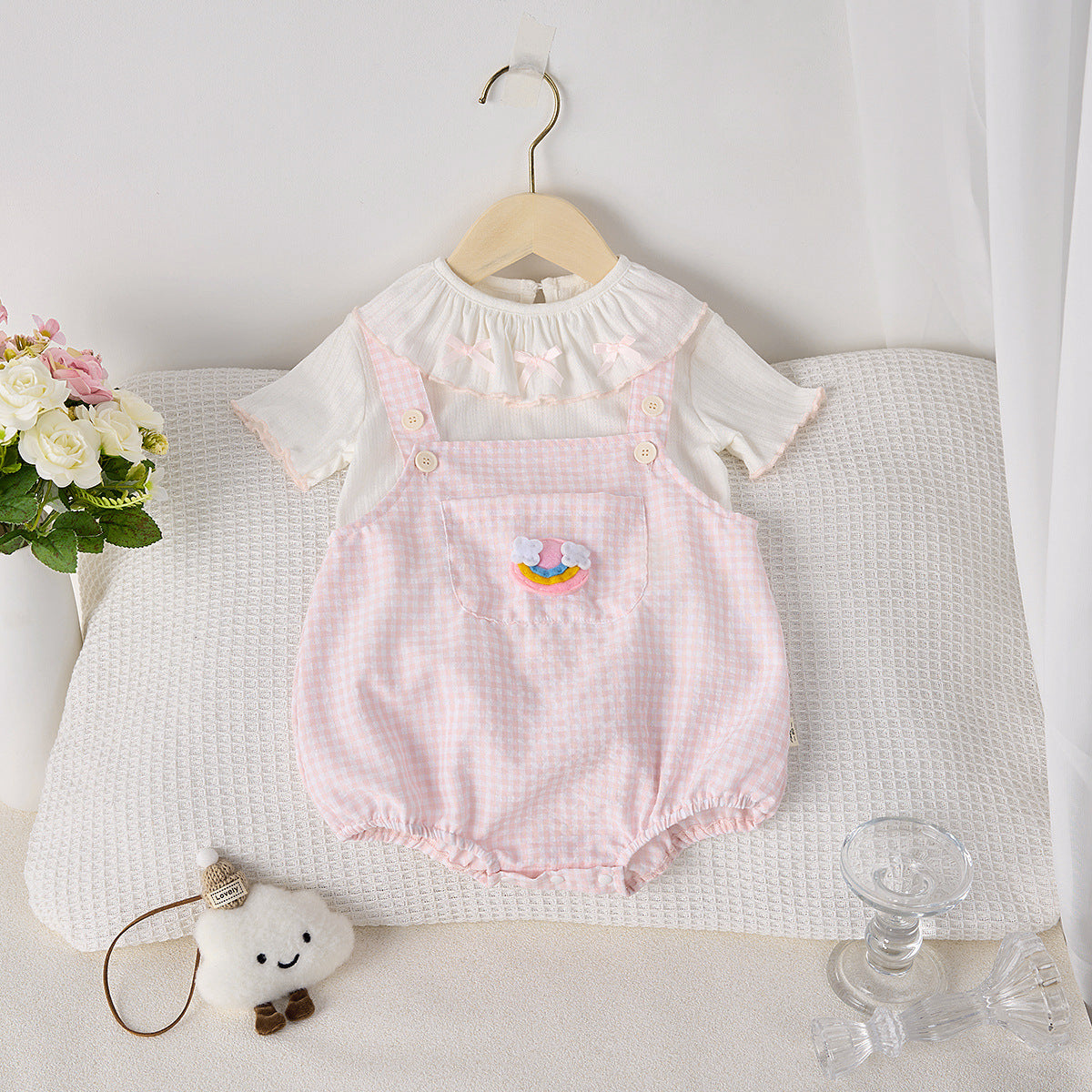 【BABY】夏新作 チェックサロペットロンパース＆TシャツSK092615