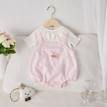 【BABY】夏新作 チェックサロペットロンパース＆TシャツSK092615