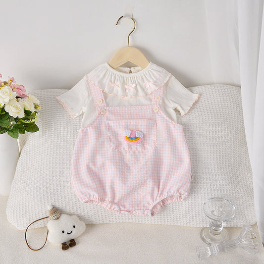 【BABY】夏新作 チェックサロペットロンパース＆TシャツSK092615