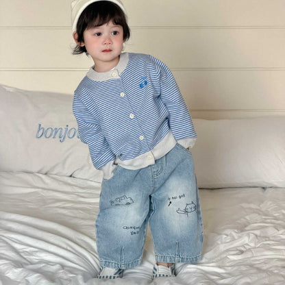 【BABY&KID】ボーダーカーディガン、カートゥーン柄デニムパンツ、ロゴプリント長袖SK104009