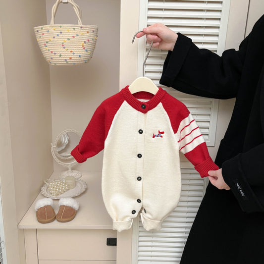 【BABY】冬新作わんちゃん刺繍ニットカバーオールSK103007