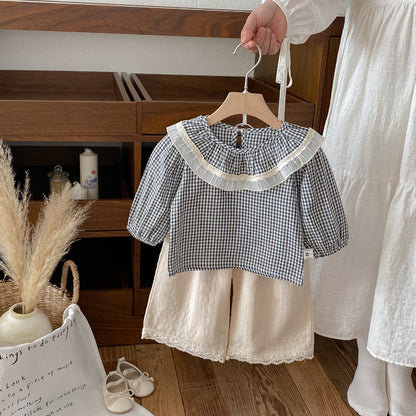 【BABY】チェックレースブラウス、ベージュワイドパンツSK101430
