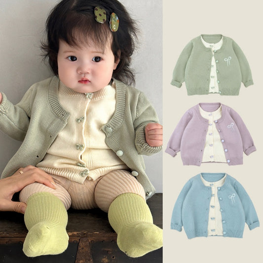 【BABY&KID】フェイクレイヤード蝶結び刺繍ニットカーディガンSK100213