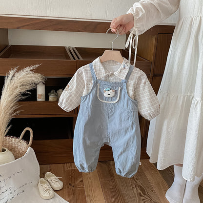 【BABY】いぬチェックシャツ&いぬサロペットパンツSK100427