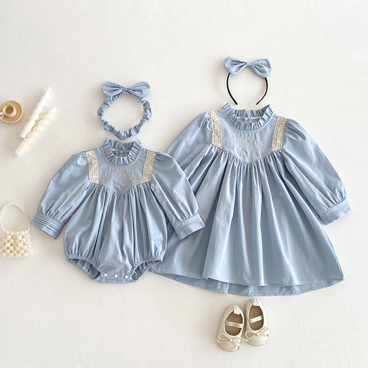 【姉妹服】フリル襟刺繍ロンパース、ワンピースSK101131