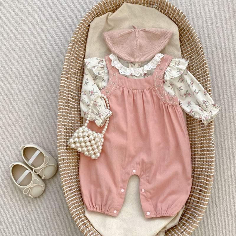 【BABY】刺繍入りオーバーオール、花柄トップスSKO70724