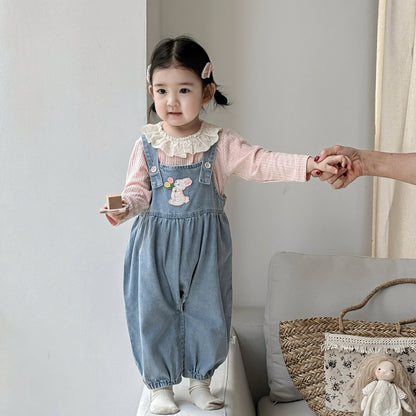【BABY】うさ耳デニムサロペットパンツ/レース襟TシャツSK100446