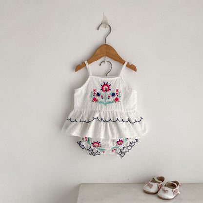 【BABY&KID】夏新作 フラワー刺繍キャミセットアップSK081608