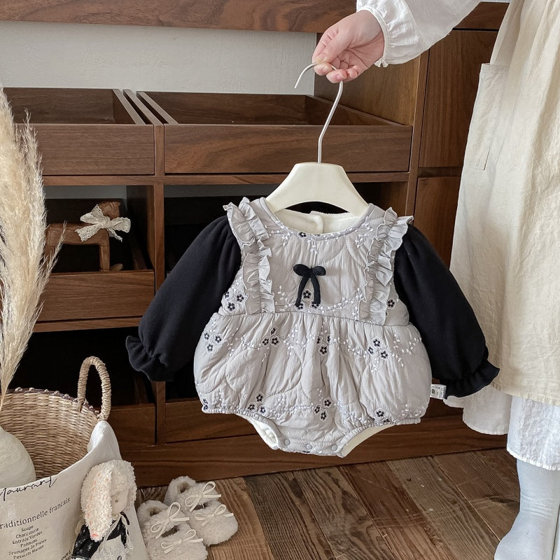 【BABY】冬新作小花柄蝶結びキルティングロンパースSK103102