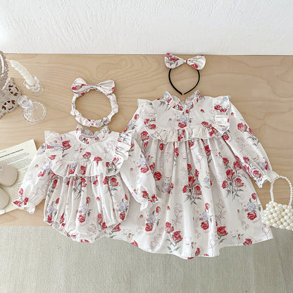 【姉妹服】ローズ柄ロンパース、ワンピースSK101140