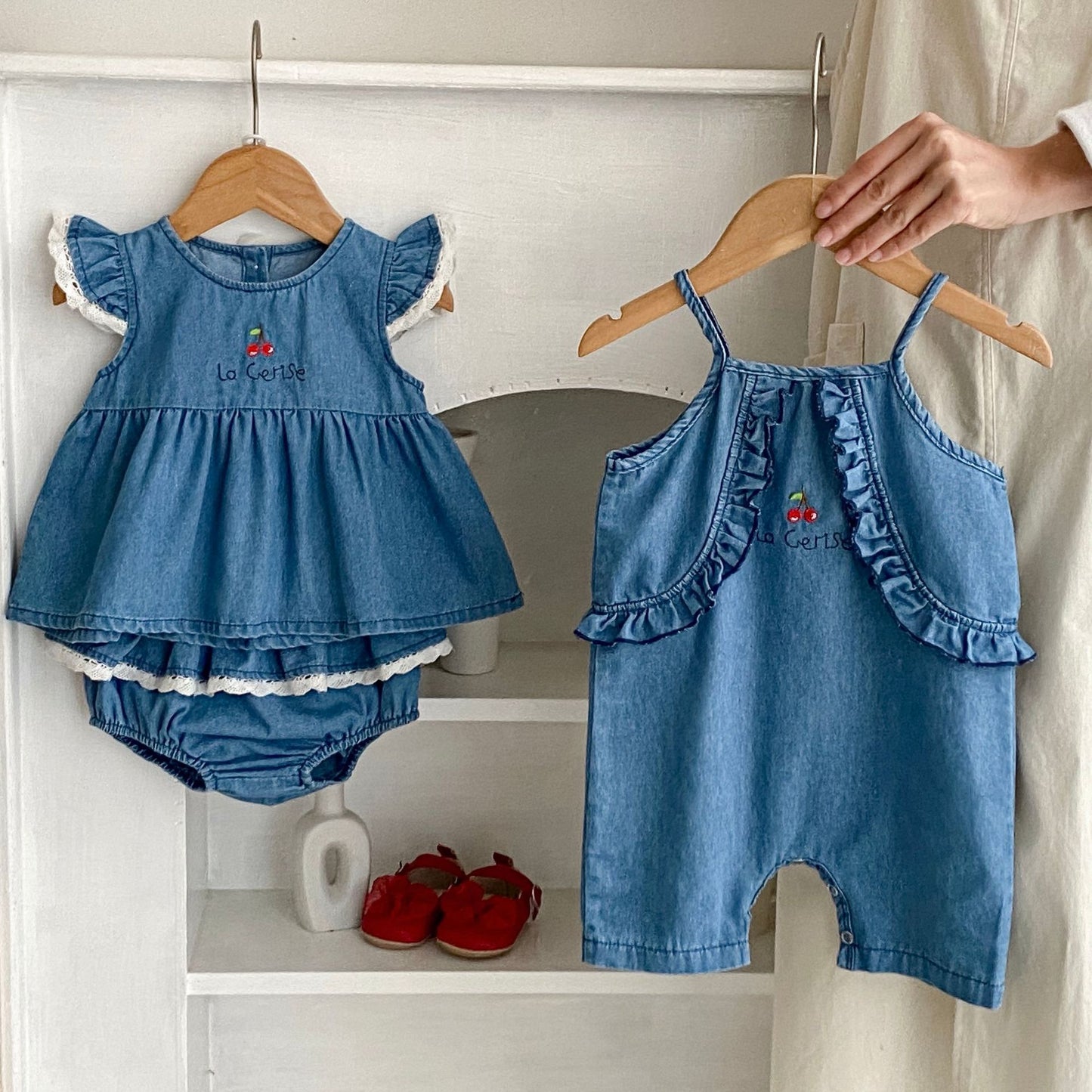 【BABY】夏新作 チェリー刺繍ロンパースorセットアップSK062709