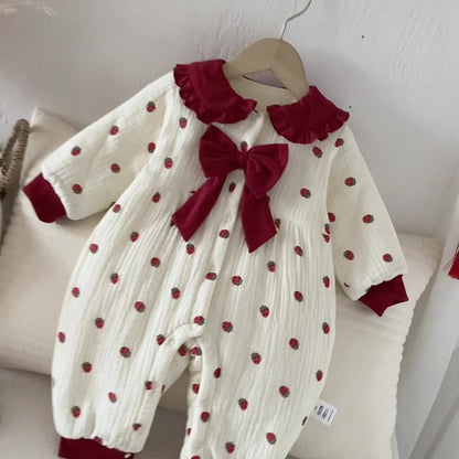 【BABY】冬新作大きなリボン付きいちご裏起毛カバーオールSK102711