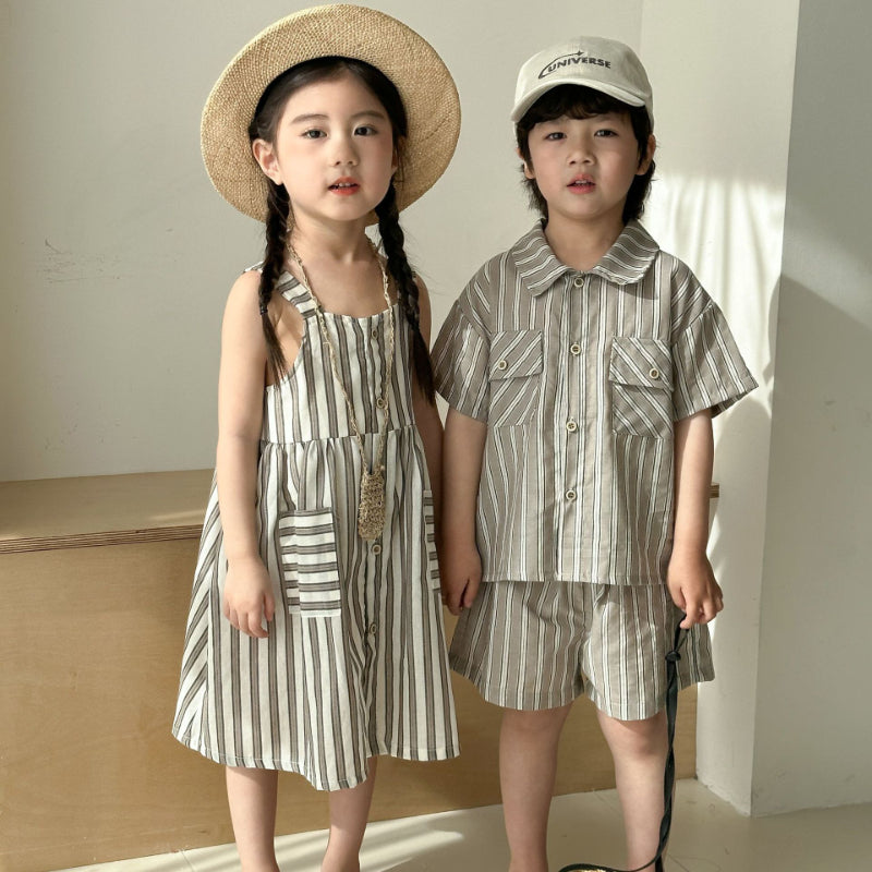 【BABY＆KID】夏新作 ストライプシャツセット、サスペンダーワンピースSK063021