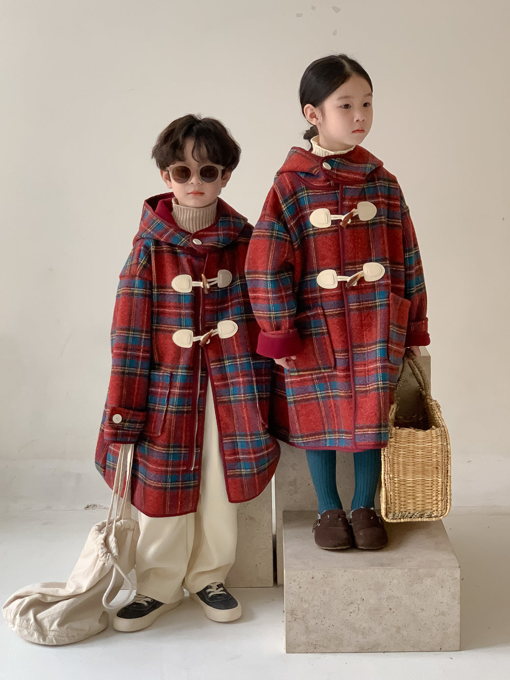 【BABY&KID】レッドチェック柄フード付けロングコートSK012701