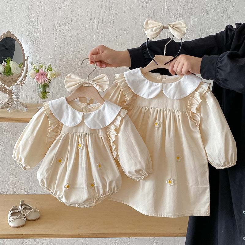 【姉妹服】小花イエローフラワーロンパース、ワンピースSK101115