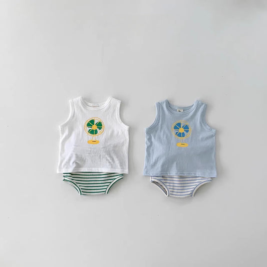 【BABY】夏新作 可愛いプリントベスト＆ボーダーショートパンツSK010206