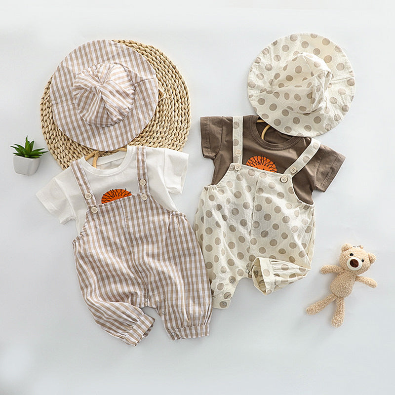 【BABY】夏新作 チェックorドットサロペットロンパース＆ライオンプリントTシャツ＆帽子3点セットSK010207