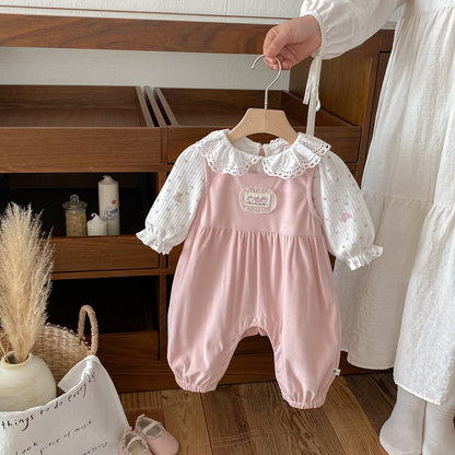 【BABY】フリルトップス&ピンクサロペットパンツSK100441