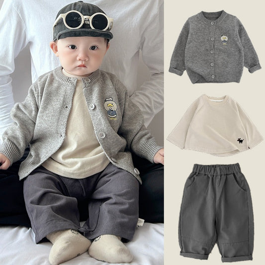 【BABY&KID】アヒル柄カーディガン、オートミールTシャツ、グレー系カジュアルパンツSK100223