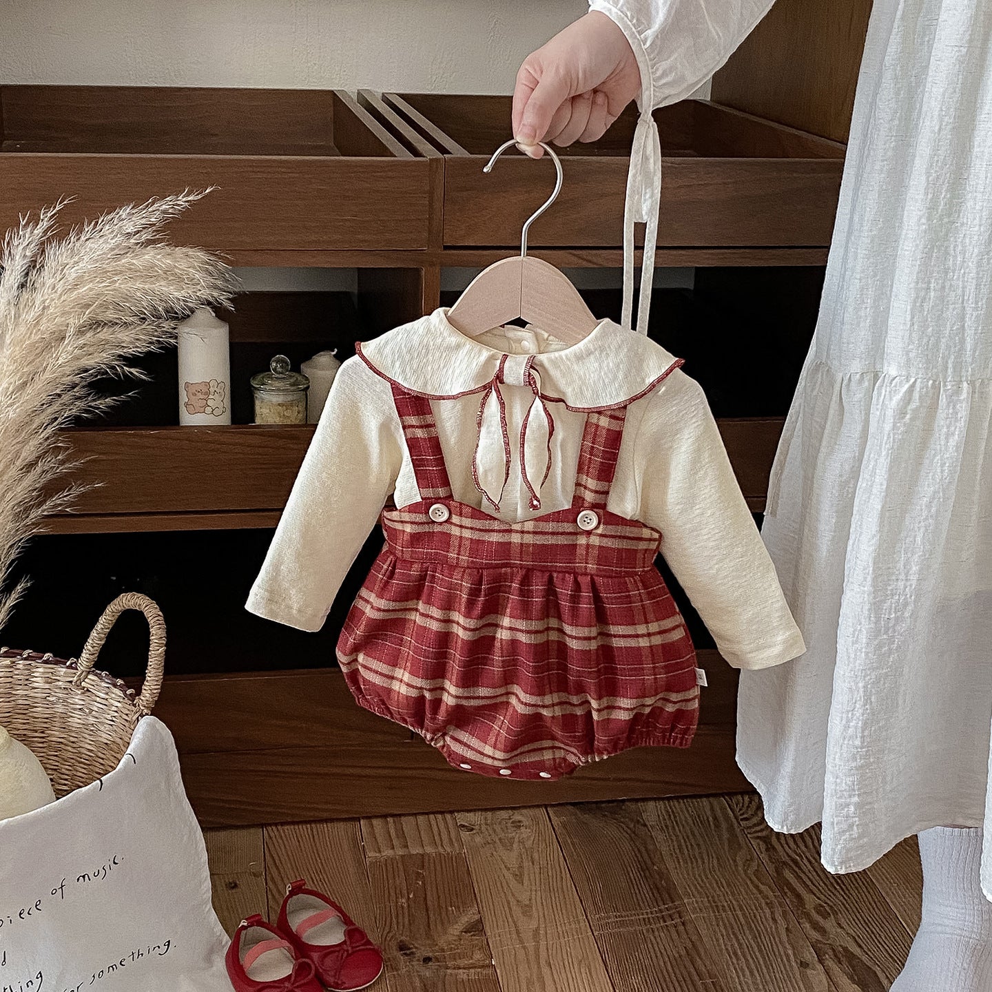 【BABY】チェックサロペットロンパース&蝶結びTシャツSK100424