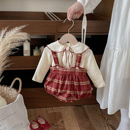 【BABY】チェックサロペットロンパース&蝶結びTシャツSK100424