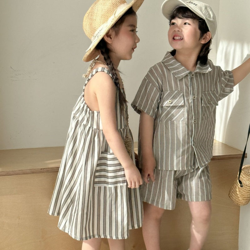 【BABY＆KID】夏新作 ストライプシャツセット、サスペンダーワンピースSK063021