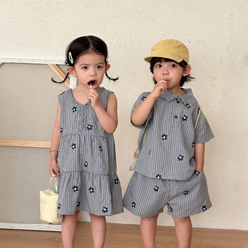 【BABY&KID】夏新作刺繍フラワーストライプセットアップ、ワンピースSK104712