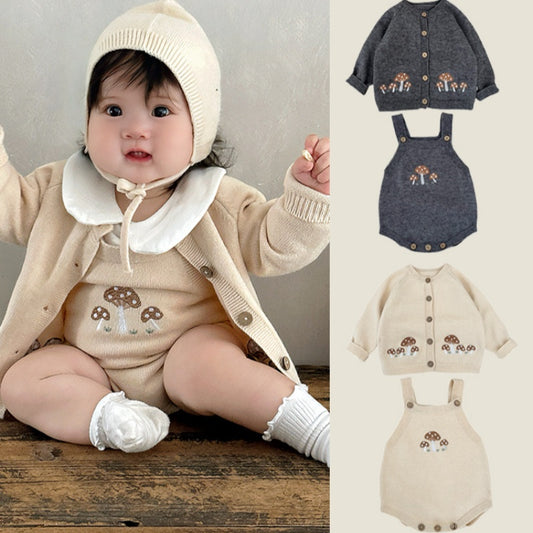 【BABY】きのこ刺繍サロペットロンパース、カーディガンSK101814