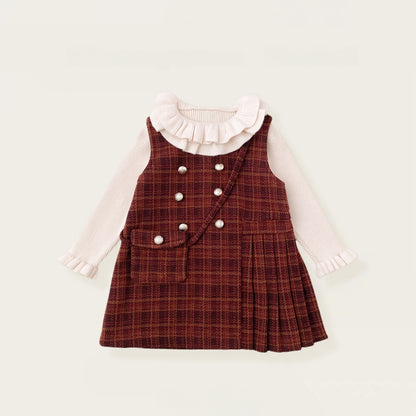 【BABY&KID】冬新作 チェックジャンパースカート＆フリルニット＆バッグ3点セットSK102430