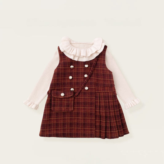 【BABY&KID】冬新作 チェックジャンパースカート＆フリルニット＆バッグ3点セットSK102430