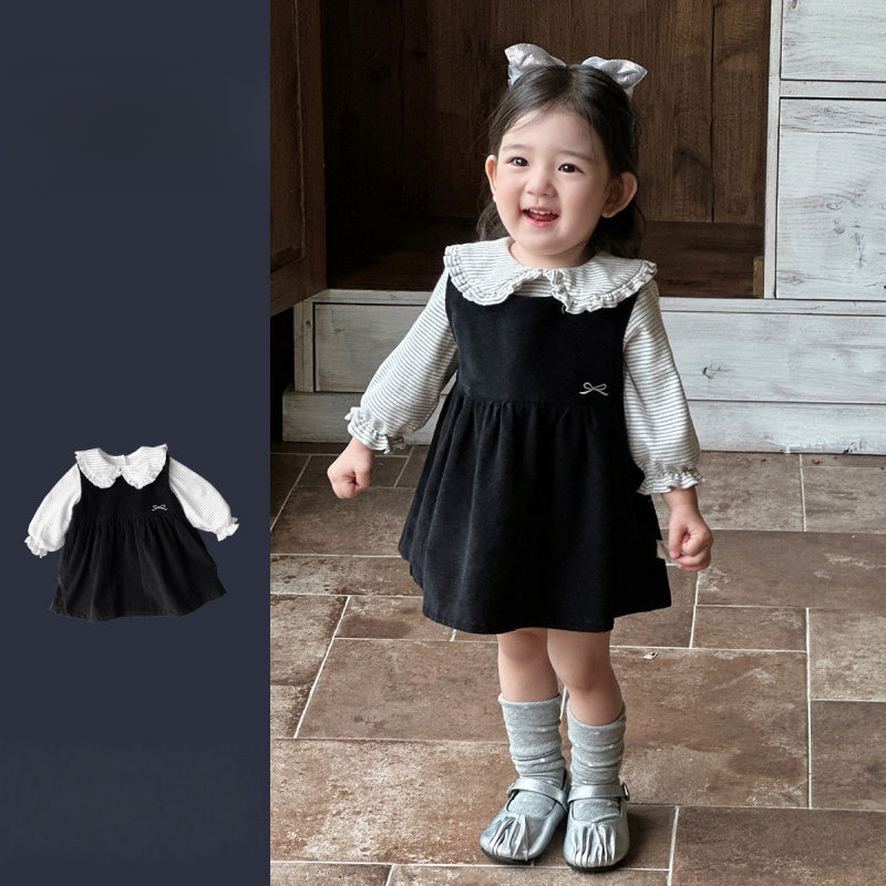 【BABY】韓国風蝶結び刺繍ワンピース、丸襟ボーダートップスSK104024