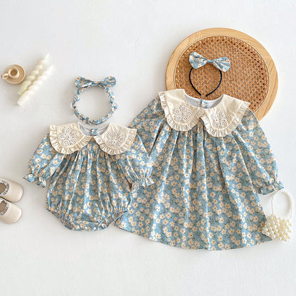 【姉妹服】花刺繍襟ロンパース、ワンピースSK101135