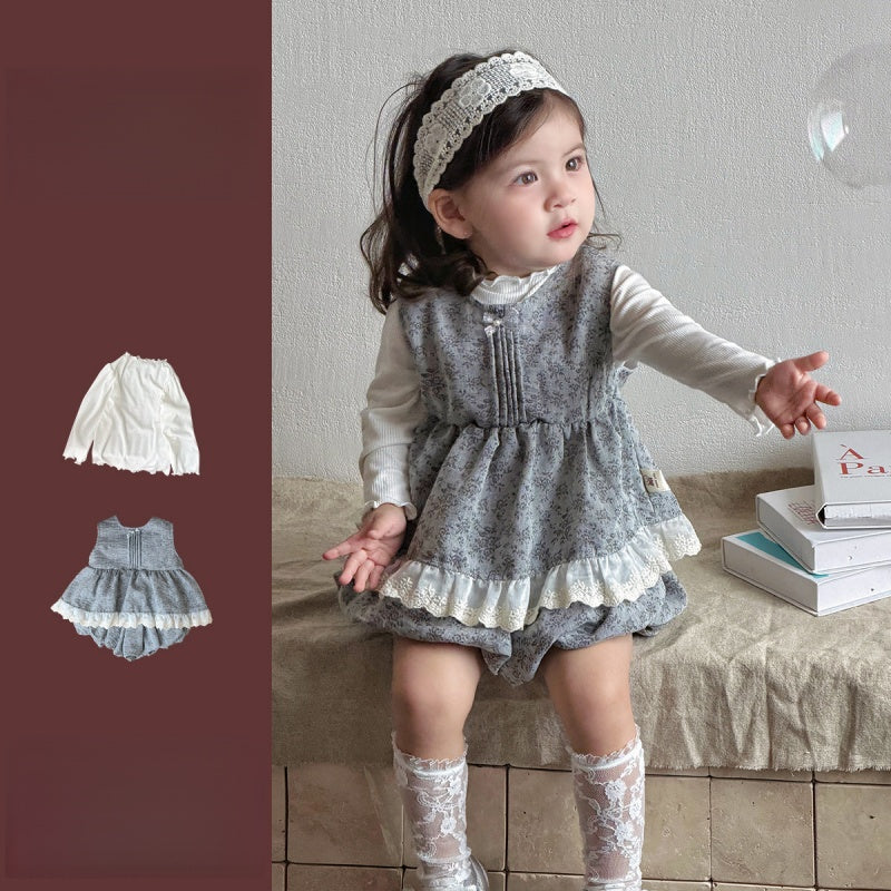 【BABY】小花柄レーストリムベスト＆バルーンパンツSK103705