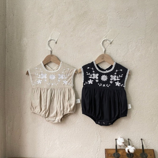 【BABY】夏新作 綿麻フラワー刺繍ロンパースSK091115