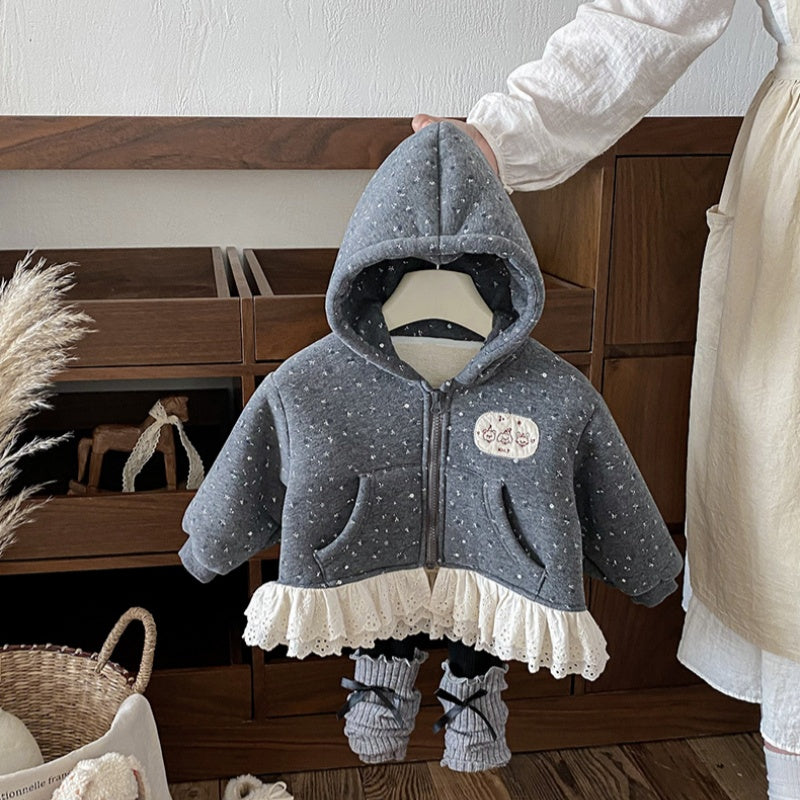 【BABY】冬新作花柄レースフード付き裏起毛アウターSK102721