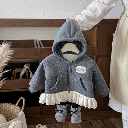 【BABY】冬新作花柄レースフード付き裏起毛アウターSK102721