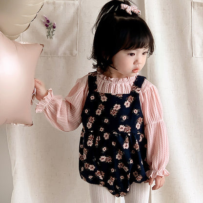 【BABY】小花柄サロペットロンパース&パフスリーブトップスSK100442