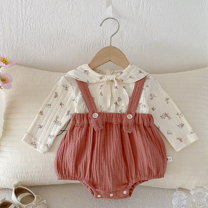 【BABY】リボン結び小花柄トップス&サロペットロンパースSK100440