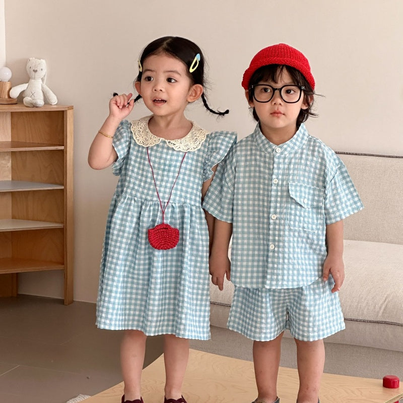【BABY&KID】夏新作ブルーホワイトチェックセットアップ、ワンピースSK104702