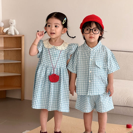 【BABY&KID】夏新作ブルーホワイトチェックセットアップ、ワンピースSK104702