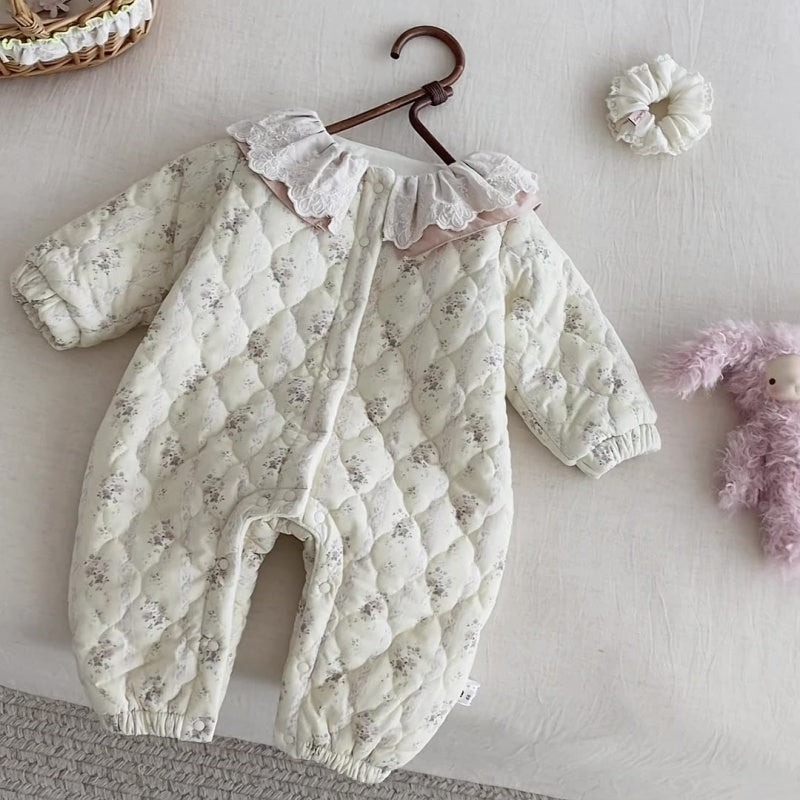 【BABY】冬新作花柄フリル襟キルティング裏起毛カバーオールSK102717